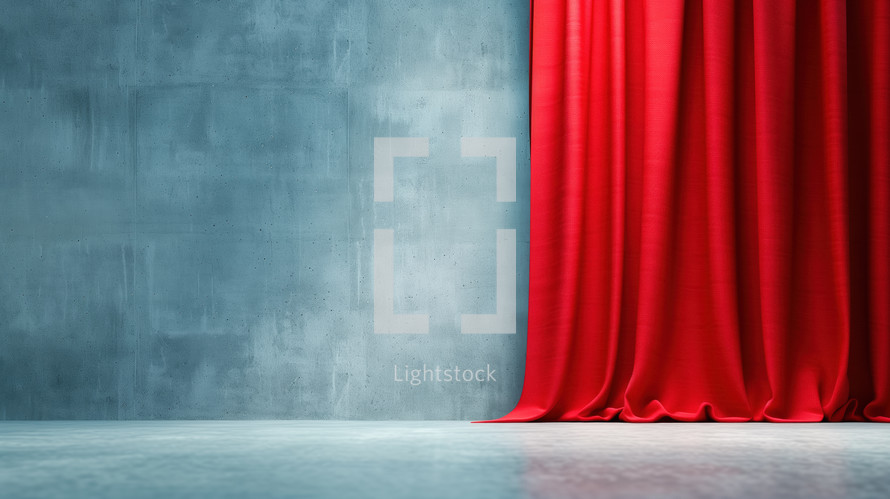 Red stage curtain partially drawn to reveal a blue concrete wall, creating a dramatic contrast. Ideal for themes of performance, theater, presentations, and events.