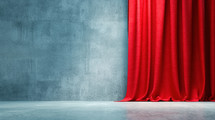 Red stage curtain partially drawn to reveal a blue concrete wall, creating a dramatic contrast. Ideal for themes of performance, theater, presentations, and events.