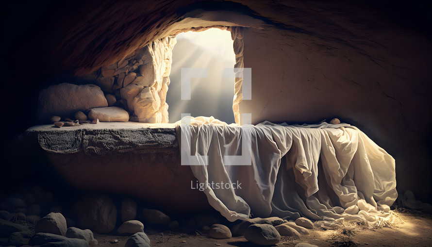 Realistic painting art of the empty tomb of Jesus. Christian illustration.