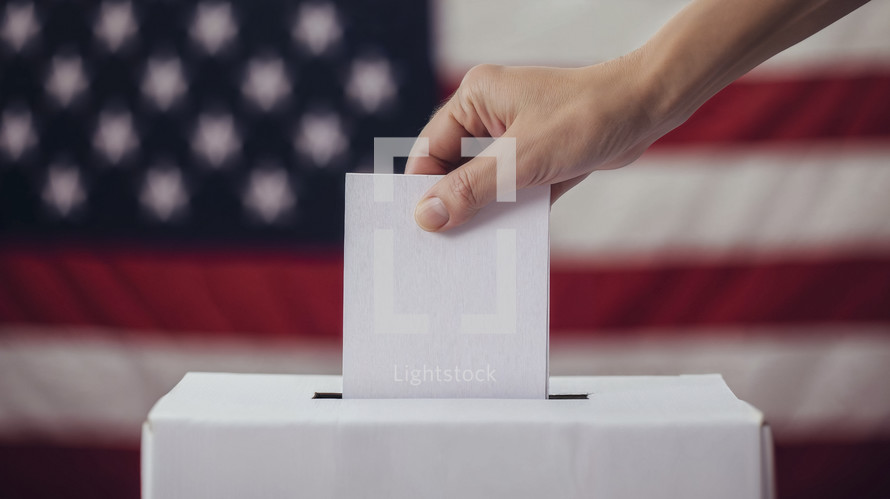 Close-up of a hand placing a ballot into a voting box with the American flag in the background.