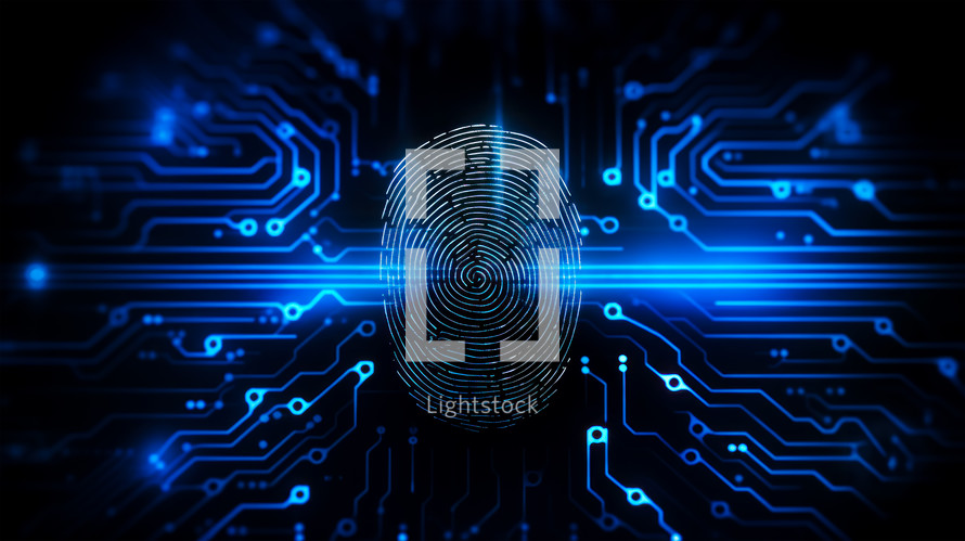 Digital biometric fingerprint on dark blue background. Authorization or identification concept.