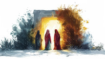 Three women standing before the open entrance of an empty tomb, depicted in a vibrant watercolor style.