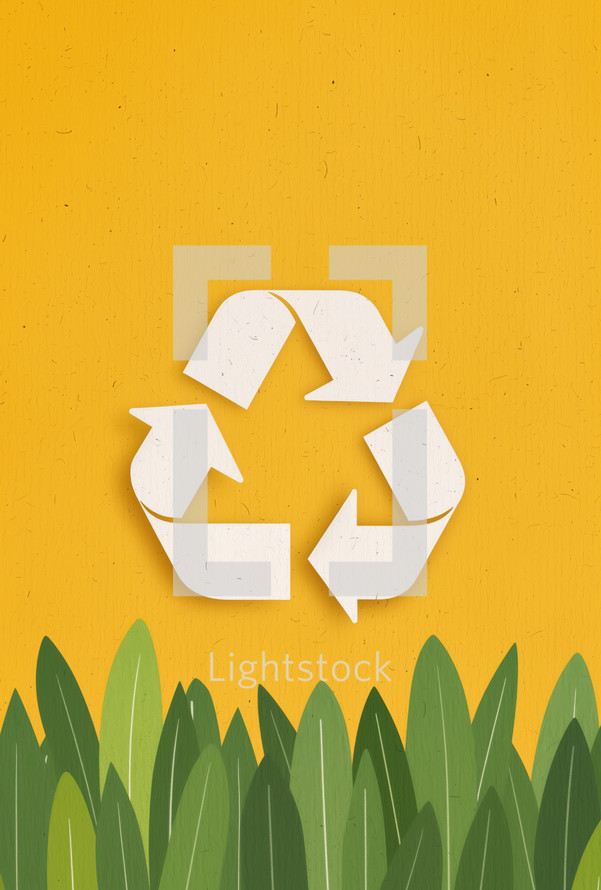 Illustration of a white recycling symbol on a vibrant yellow background with green leaves at the bottom. Perfect for promoting recycling, sustainability, and environmental awareness.