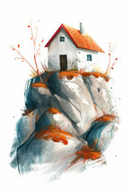 A quaint house on a cliff adorned with autumnal foliage, symbolizing sanctuary and divine refuge.