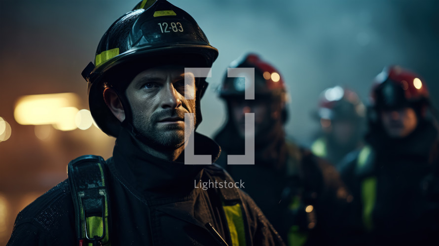 Portrait of a firefighter with helmet in urban background.