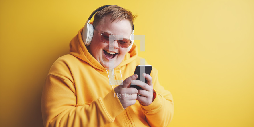 Joyful young man with Down syndrome listening to music on headphones and using smartphone, vibrant yellow background.