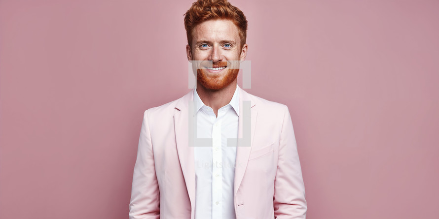 Cheerful young businessman with ginger hair in a pastel pink blazer.