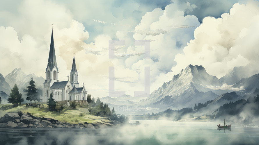 Colorful painting of a church nearby a lake with beautiful mountains in the background.