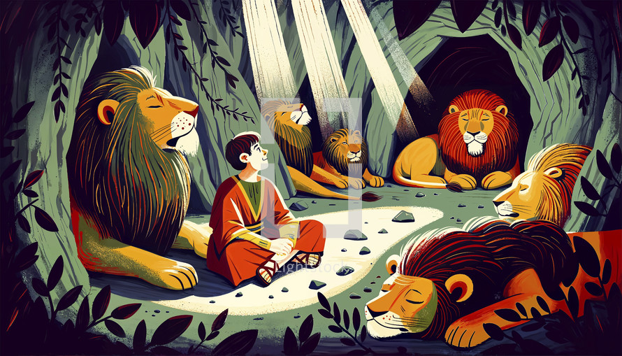 Colorful illustration capturing the tranquil moment of Daniel sitting peacefully amongst several serene lions in a den, a representation of the biblical narrative.