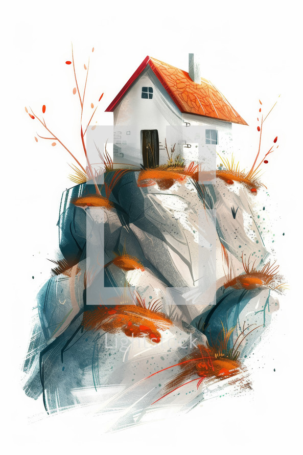 A quaint house on a cliff adorned with autumnal foliage, symbolizing sanctuary and divine refuge.