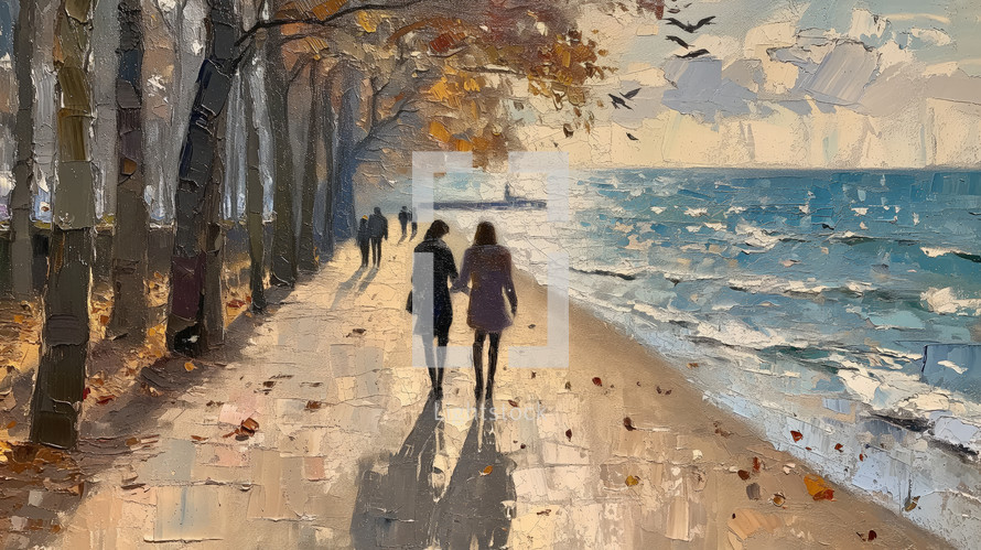 Vintage textured painting of a promenade by the sea in Northern France, with figures walking among autumn leaves and a backdrop of choppy blue waters.