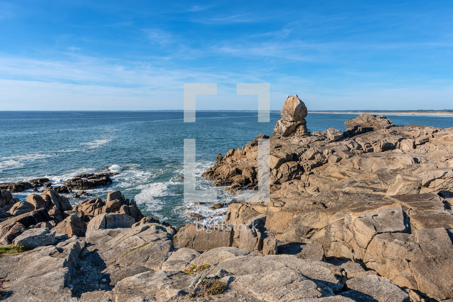 French landscape - Bretagne. Beautiful rocky beach and view over the sea.