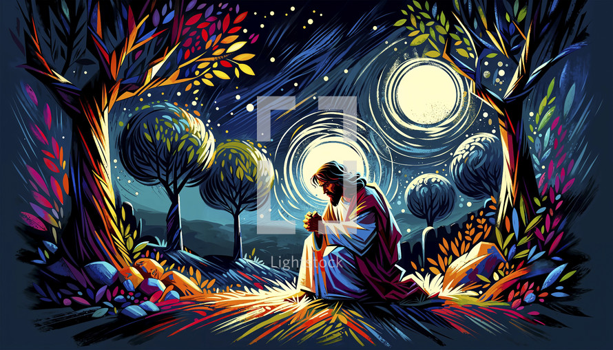 Illustration of Jesus praying in Gethsemane, night scene, vibrant colors.