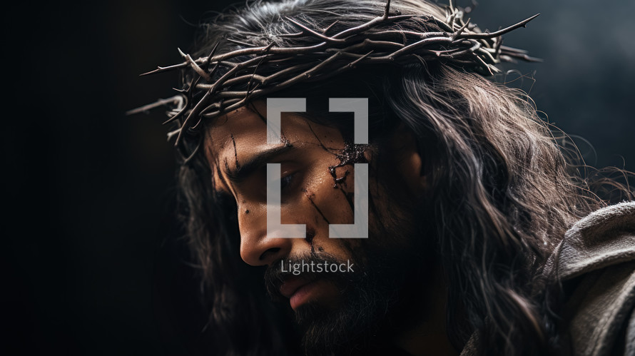 Portrait of Jesus with a crown of thorns. Easter, crucifixion or Resurrection concept. He is Risen. Christian illustration. 
