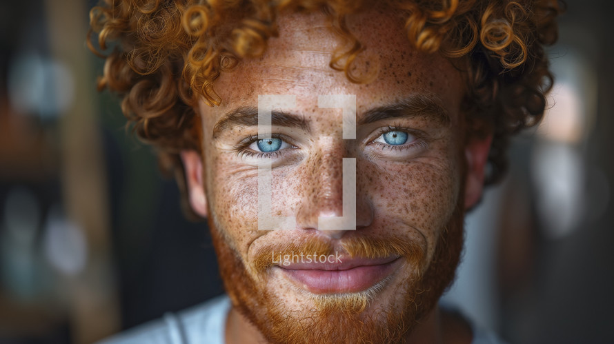 Portrait of a smiling young man with curly red hair and blue eyes.