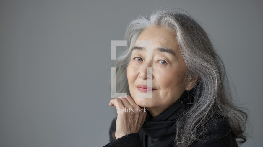 Thoughtful senior Asian woman with silver hair.