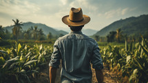 Portrait of a farmer with hat on a coffee field.