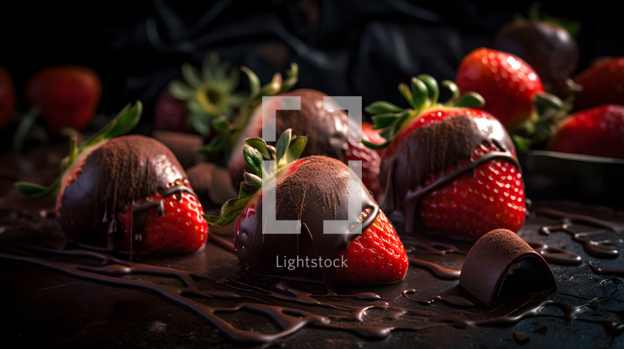 Abstract art. Colorful painting art of an exquisite plate of food. Chocolate-covered strawberries.