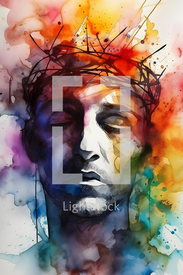 Colorful AI portrait of Jesus with a crown of thorns. Easter, crucifixion or Resurrection concept.
