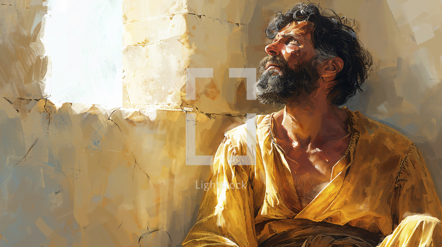 A reflective figure evoking the biblical Paul in confinement, illuminated by a strong light, depicted in a painterly style.