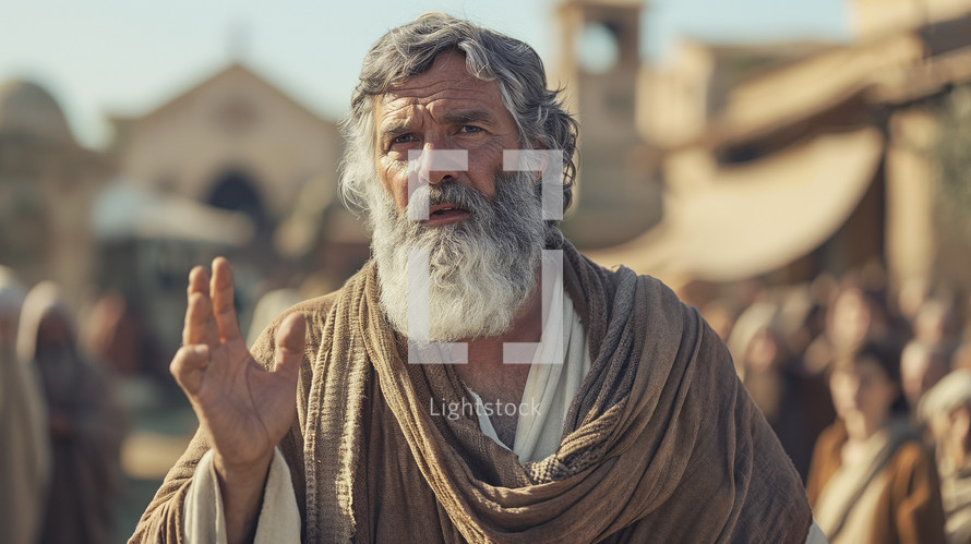 A figure resembling the biblical Paul speaking earnestly, dressed in traditional robes, set in an ancient marketplace.