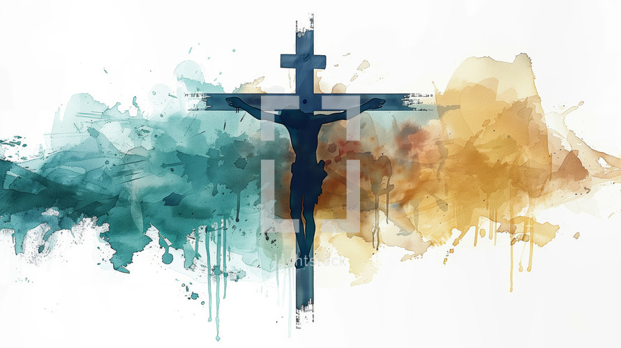 A minimalist watercolor depiction of Jesus on the cross, blending cool and warm tones with drips.