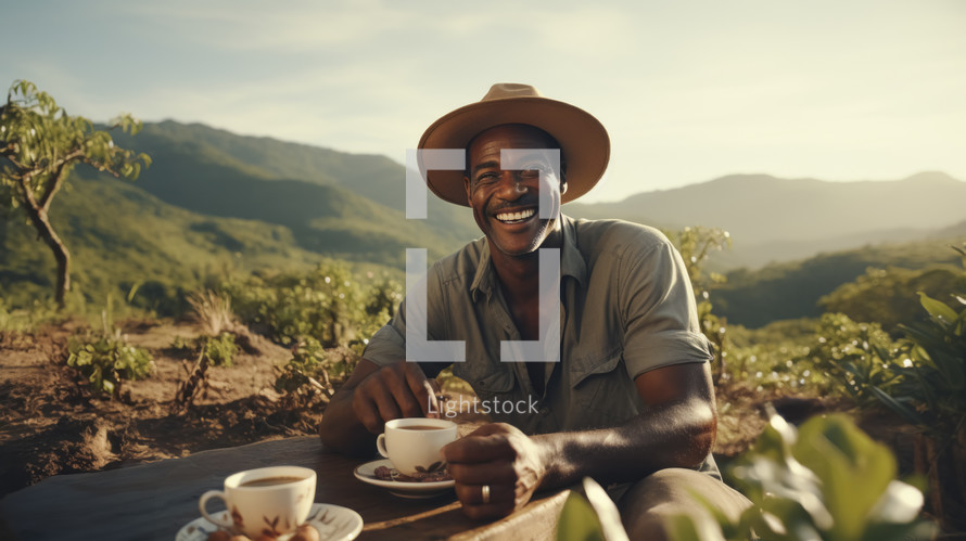 Portrait of an afro american farmer on coffee field drinking a cup of coffee.