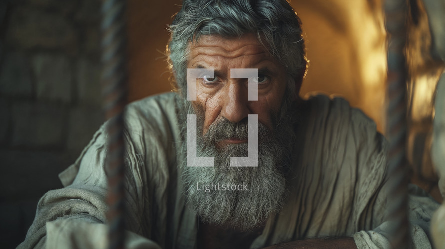 A poignant depiction of a man resembling the biblical Paul, with a penetrating gaze and a beard, suggesting deep contemplation, possibly in confinement.