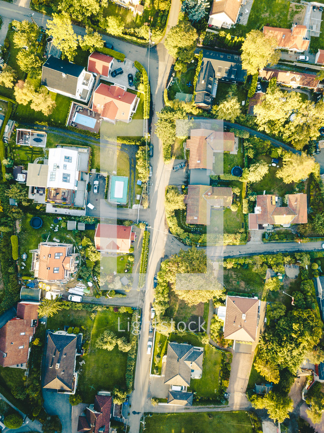 aerial view over a neighborhood 