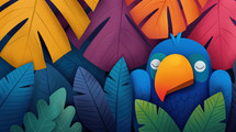 Colorful illustration of a blue parrot with a bright orange beak, surrounded by vibrant tropical leaves in various shades of yellow, red, and blue.