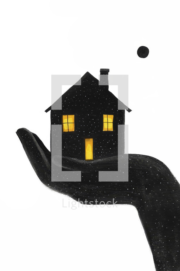 Silhouetted hand holding a black house with lit windows, symbolizing protection and care, on a white background.