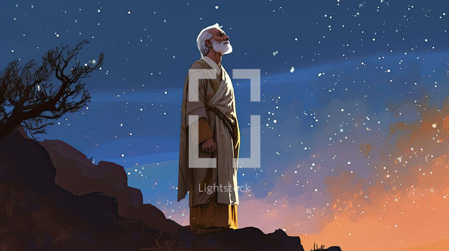 Colorful painting art portrait of Abraham standing outside on the steppes and looking up at the sky to count the stars.