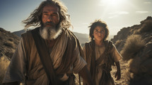 Portrait of Abraham hiking up a mountain with his son Isaac. 