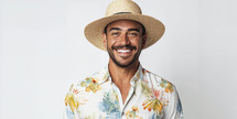 Smiling young man in a straw hat and tropical shirt on a white background.