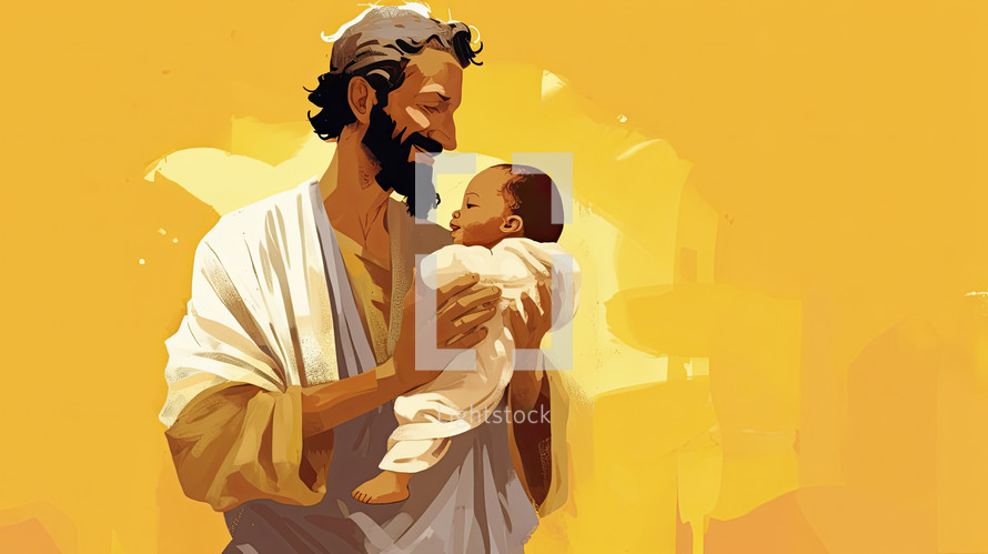 Colorful painting art portrait of Abraham with his son Isaac. Yellow background.