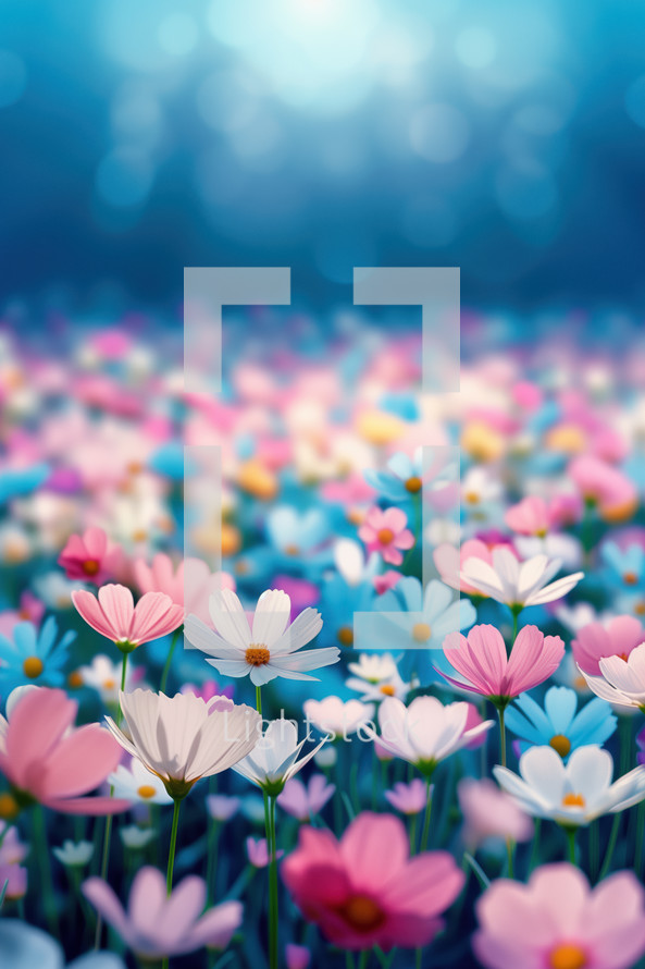 Vibrant field of multicolored flowers under a bright blue sky, with a soft focus effect. Perfect for a summer festival, symbolizing joy, celebration, and nature's beauty.