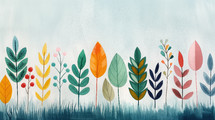 Colorful botanical illustration of various whimsical leaves and plants arranged in a row, set against a light gradient background. A playful and vibrant depiction of nature.