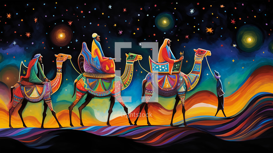 Wise men ride camels to follow the Star of Bethlehem. Nativity scene concept. Christian illustration. 