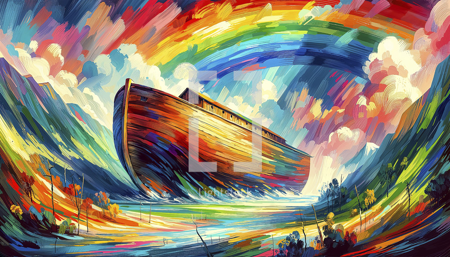 Vivid and colorful illustration of Noah's Ark resting on a mountain peak with a dramatic rainbow in the background.