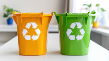 'Two recycling bins, one orange and one green, with recycling symbols, placed on a white table in a bright, modern room. Ideal for promoting sustainability and eco-friendly practices.