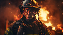 Portrait of a firefighter with helmet and burning buildings in the background.