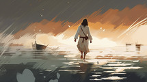 Colorful painting portrait art of Jesus walking on the water. Christian illustration.