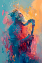 Expressive digital painting of King David playing a harp, with a rich, vivid color palette and abstract style.