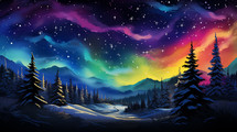Vibrant winter landscape at night with colorful sky and snowfall over pine trees.