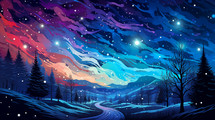 Vibrant winter landscape at night with colorful sky and snowfall over pine trees.