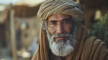 Portrait of an older man with a warm smile, reminiscent of the biblical patriarch Abraham.