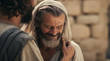 Portrait of Jesus praying and healing a sick man. New testament concept.