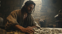 Portrait of Matthew counting the tax money in a payhouse in Capernaum. Christian illustration. 