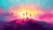 Three crosses on a hill with a radiant sunrise background in an abstract, colorful style.