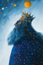 Artistic interpretation of King Solomon with a wisdom-inspired cosmic crown and beard, set against a starry sky.